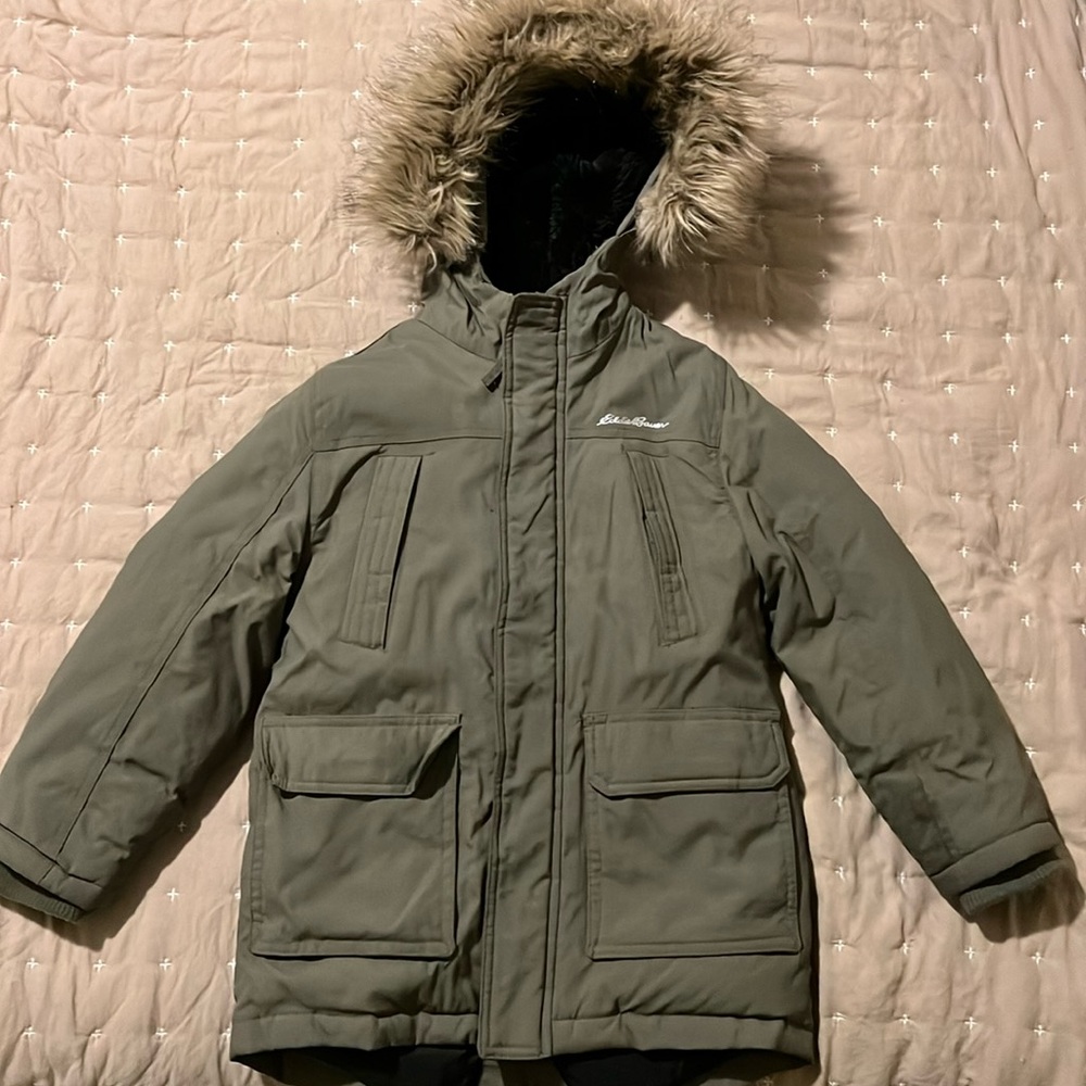 Kids Eddie Bauer Superior Down Winter Parka green winter coat size XS (5/6)